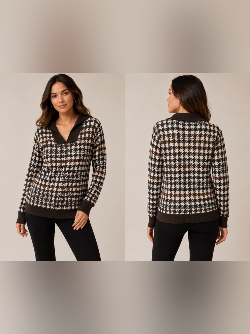 Women's V-Neck Sweater - Brown Houndstooth